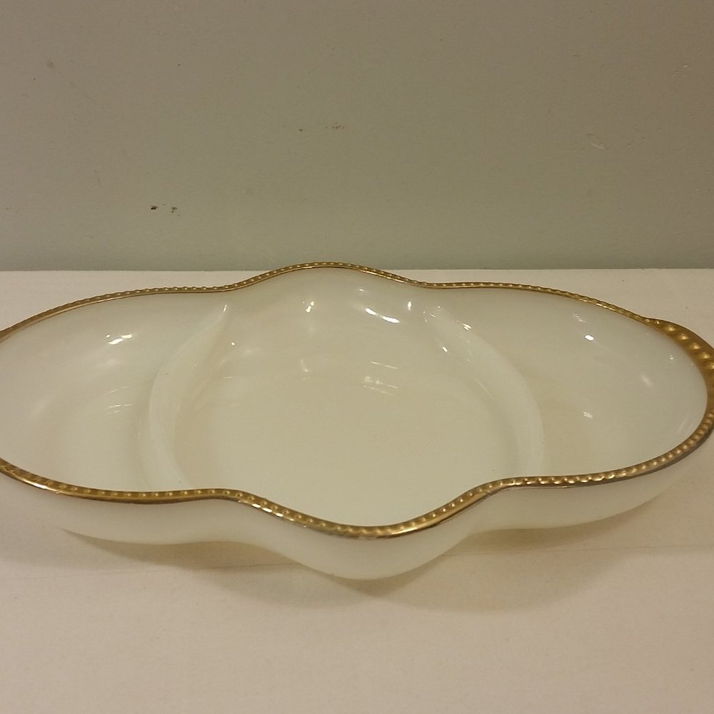 Vintage Fire-King Oven Ware Divided Serving Dish White Milk Glass Gold Trim